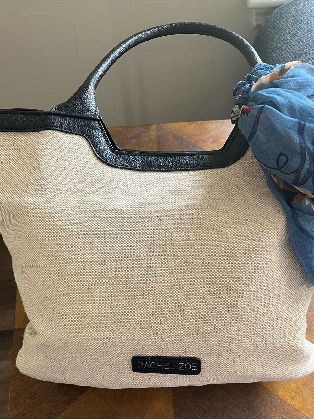 Rachel Zoe Cream Canvas Tote with Black Trim and Blue Scarf Accent - Picture 5 of 7